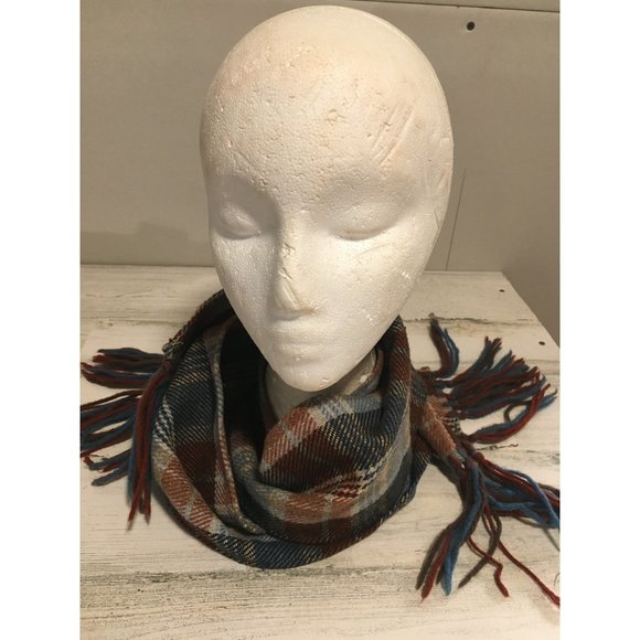 Blue pink burgundy 7”x62” plaid scarf with fringe - Picture 3 of 5